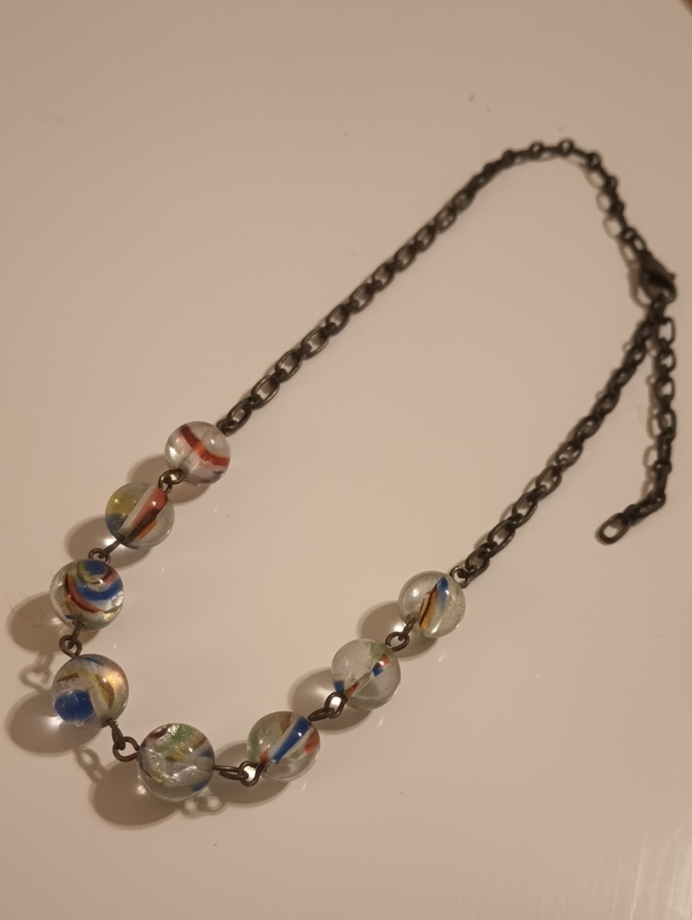 Handmade Glass 'Lost Marbles' and Bronze Link 17.5" Adjustable Choker - Necklace